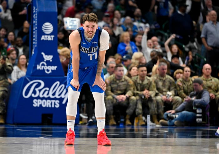 Jan 29, 2024; Dallas, Texas, USA; Dallas Mavericks guard Luka Doncic (77) waits for play to resume against the Orlando Magic during the second half at the American Airlines Center.